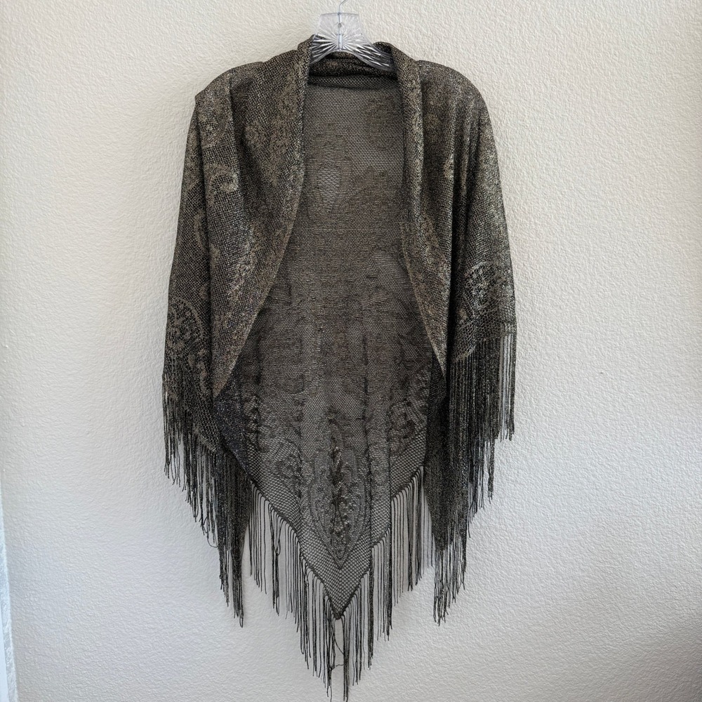 Vintage Metallic Gold Black Paisley Fringe Shawl Wrap Evening Scarf Triangle